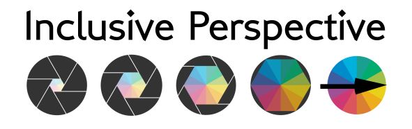 Logo with text saying Inclusive Perspective.  Camera lens type shutter progressing left to right, closed to open revealing a radial spectrum and black arrow forwards.